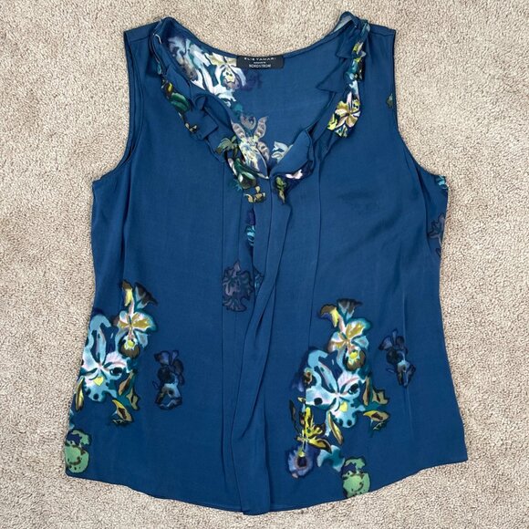 Elie Tahari for Nordstrom Blouse Womens L Blue Floral Sleeveless Top Boho - Picture 1 of 6